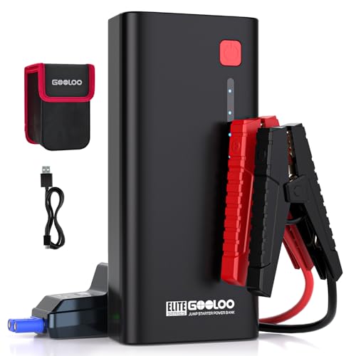 GOOLOO Jump Starter GE1200 1200A Peak 18000mAh Paquete de batería portátil para motor diésel de hasta 7.0L o 5.5L con carga rápida USB y luz LED, arranque de coche de litio de 12V