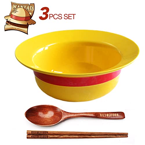shiningsoul - Juego de 3 cuencos de paja de ONEPIECE Luffy (sombrero de paja de cerámica + cuchara de madera tallada ONEPIECE y palillos) apto para lavaplatos y microondas, buen regalo para los fanáticos del anime