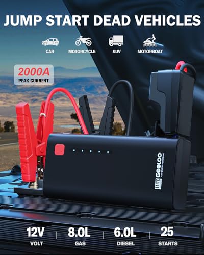GOOLOO Jump Starter GE1200 1200A Peak 18000mAh Paquete de batería portátil para motor diésel de hasta 7.0L o 5.5L con carga rápida USB y luz LED, arranque de coche de litio de 12V