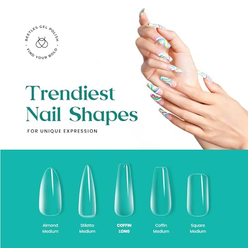 Beetles Coffin Nail Tips Nail Gel Kit, 2 In 1 Nail Gel Base Coat with Long False Nail and U V LED Nail Lamp for Acrylic Nail/Dip Powder Nails/Poly Nail Extension Gel Nail Art DIY Home