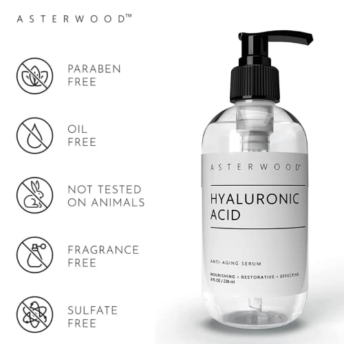 Hyaluronic Acid Serum 8 oz - 100% Pure Organic HA - Anti Aging, Anti Wrinkle - Original Face Moisturizer for Dry Skin & Fine Lines - Leaves Skin Full & Plump - ASTERWOOD NATURALS - Pump Bottle
