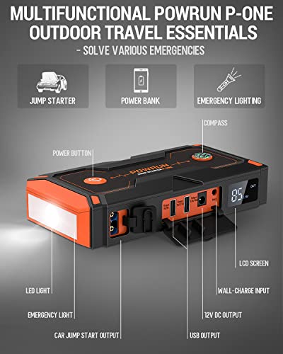 Powrun P-ONE - Arrancador de salto portátil de 2000 A, paquete de refuerzo de batería para motores de gas de hasta 8.0 L y diésel de 6.5 L, arranque de batería de 12 V con visualización LCD