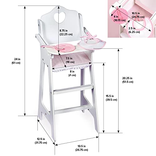 Badger Basket White Doll High Chair with Plate, Bib, and Spoon (Fits American Girl Dolls)