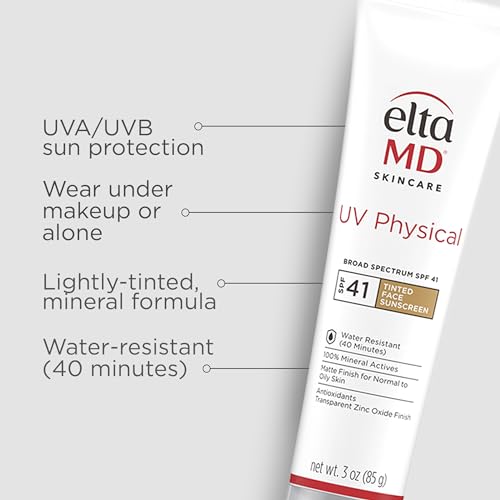 EltaMD UV Physical Tinted Broad-Spectrum SPF 41, Protector solar, Fórmula de óxido de zinc a base de minerales, resistente al agua, sin aceite, recomendada por dermatólogos, 85g