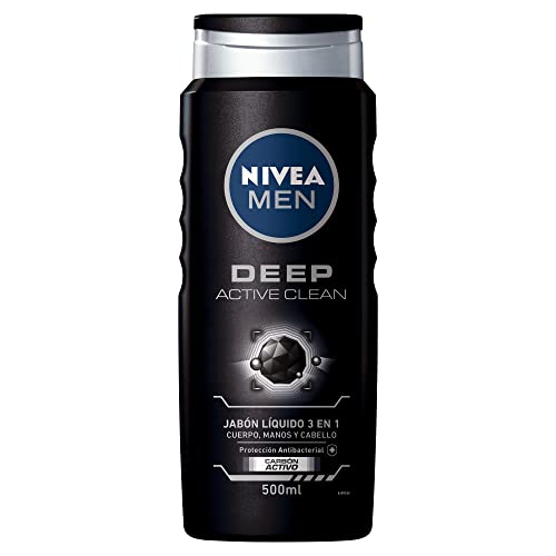NIVEA MEN Jabón Líquido Corporal 3 en 1 para Cuerpo, Rostro y Cabello, Active Clean Body Wash Antibacterial, 500 ml