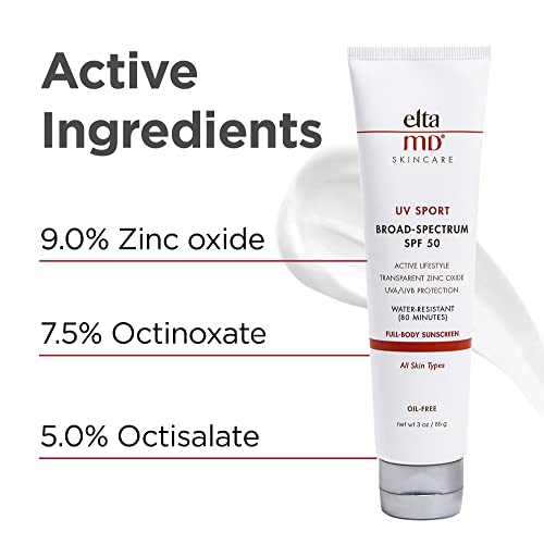 EltaMD Loción de protección solar UV Sport, de amplio espectro SPF 50, fórmula de óxido de zinc a base de minerales, resistente al agua