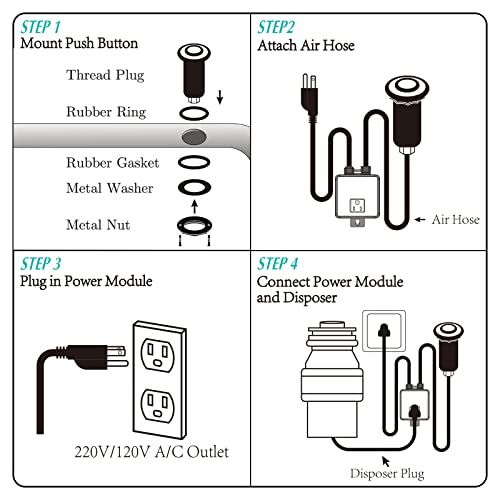 BESTILL Kit de interruptor de aire para eliminación de basura, botón de acero inoxidable, interruptor de encendido/apagado superior del fregadero para triturador de residuos de alimentos