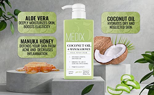 Set de crema de argán y crema de coco Medix 5.5. La crema de argán Medix 5.5 con oro de 24 quilates reduce las arrugas y la piel que se cae. Crema de coco hidrata la piel dañada y seca. Dos 15 oz