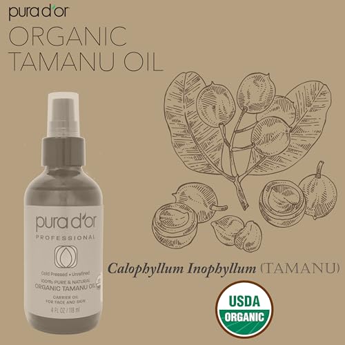PURA D’OR Organic Tamanu Oil (4oz) USDA Certified - 100% Pure & Natural Moisturizer - Perfect Base Carrier Oil for DIY Skin Care - Helps Reduce Scars from Psoriasis, Eczema & Acne (Packaging may vary)