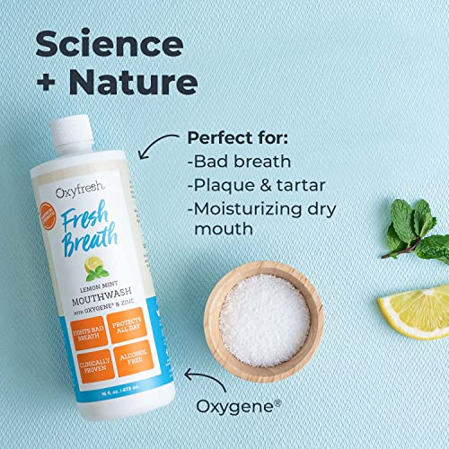 Oxyfresh Fresh Breath enjuague bucal de menta limón – galardonado con el envase bucal recomendado por el dentista, sin alcohol, sin flúor, con aloe y aceites esenciales naturales.