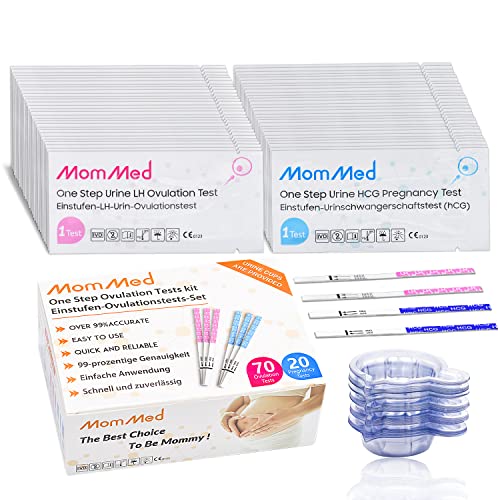 MomMed Tiras de prueba de ovulación y embarazo (HCG20-LH70), kit predictor de ovulación en casa incluye 20 pruebas de embarazo, 70 tiras de prueba de ovulación y 90 tazas de orina, prueba precisa de fertilidad, pruebas OPK