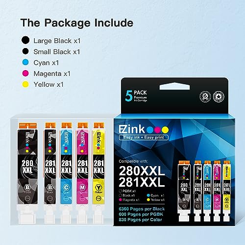 E-Z Ink (TM) - Cartucho de tinta compatible para Canon PGI-280XXL CLI-281XXL PGI 280 XXL CLI 281 XXL para PIXMA TR7520 TR8520 TS6120 TS8120 TS9120 (1 PGBK, 1 negro, 1 cian, 1 magenta, 1 Amarillo 5555 Paquete