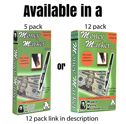 Marcador de dinero (5 bolígrafos falsificados) – Detector de billetes falsos con punta de cincel mejorada – Detecta billetes falsos de contracción, paquete universal de detector de bolígrafos de moneda falsa