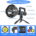 Uhanciny Linterna recargable de alto lúmenes, 150000 lúmenes, luces LED para exteriores, de mano, grande, superbrillante, potente luz flash con 4 modos, IPX6 impermeable, trípode de pie
