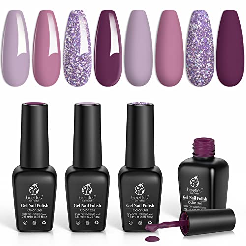 Beetles 4 Colors Purple Glitter Gel Nail Polish Set - Lilac Mauve Gel Polish Kit Purple Nail Polish Soak Off LED Lamp Gel Nail Kit Vanish Manicure DIY Home Christmas New Year Holiday Set