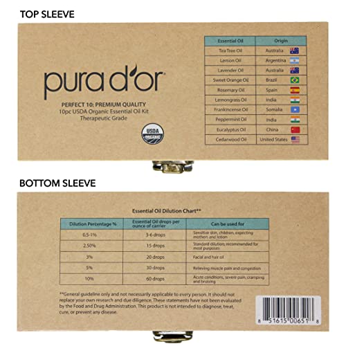PURA D’OR Perfect 10 Essential Oil Wood Box Set 10mL USDA Organic & Pure (Tea Tree-Lemon-Lavender-Sweet Orange-Rosemary-Lemongrass-Frankincense-Peppermint-Eucalyptus-Cedarwood)