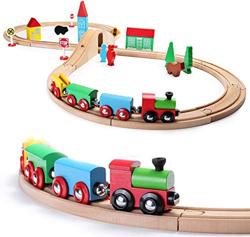 SainSmart Jr. Wooden Train Set Toy with Train Tracks, Magnetic Train Cars and Wooden Bridge Railway Set for Toddlers