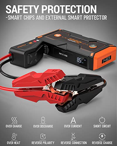 Powrun P-ONE - Arrancador de salto portátil de 2000 A, paquete de refuerzo de batería para motores de gas de hasta 8.0 L y diésel de 6.5 L, arranque de batería de 12 V con visualización LCD