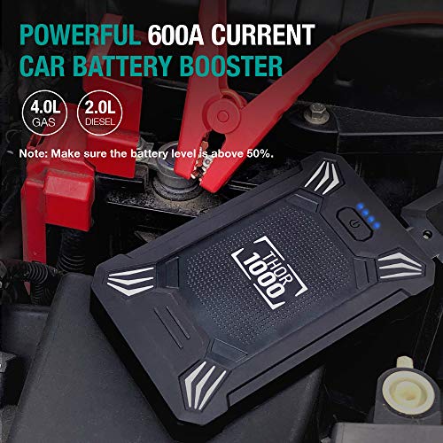 Vekkia - Arrancador de batería portátil para auto, pico de 600 A, impermeable, batería portátil de 12 V (hasta 4.0 L gas o motor diésel 2.0 L), automático, seguro, con puerto USB, abrazaderas inteligentes y linterna LED