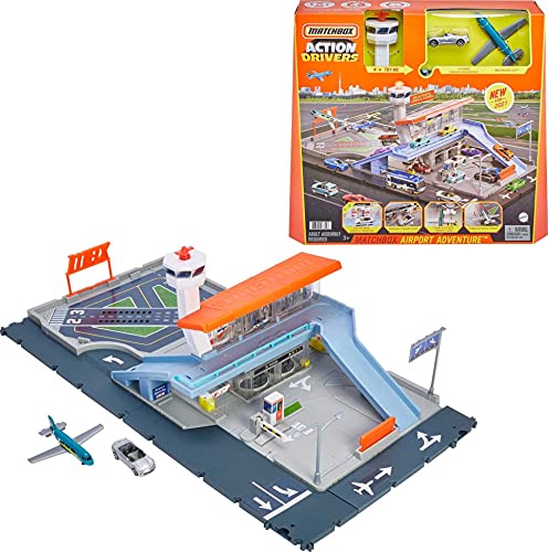 Matchbox Action Drivers Matchbox Aventura en el Aeropuerto con Luces, Sonidos y Piezas móviles, Incluye 1 Coche y 1 1 avión, se Conecta a Otros Juegos, Regalo para niños de 3 años en adelante