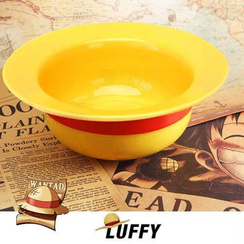 shiningsoul - Juego de 3 cuencos de paja de ONEPIECE Luffy (sombrero de paja de cerámica + cuchara de madera tallada ONEPIECE y palillos) apto para lavaplatos y microondas, buen regalo para los fanáticos del anime
