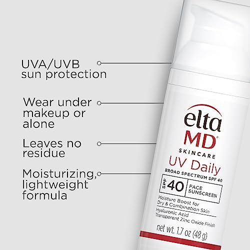 EltaMD Protector solar UV Daily Face hidratante con ácido hialurónico, amplio espectro SPF 40, loción de óxido de zinc transparente, a base de minerales UVA, protección solar UVB, 1.7 onzas