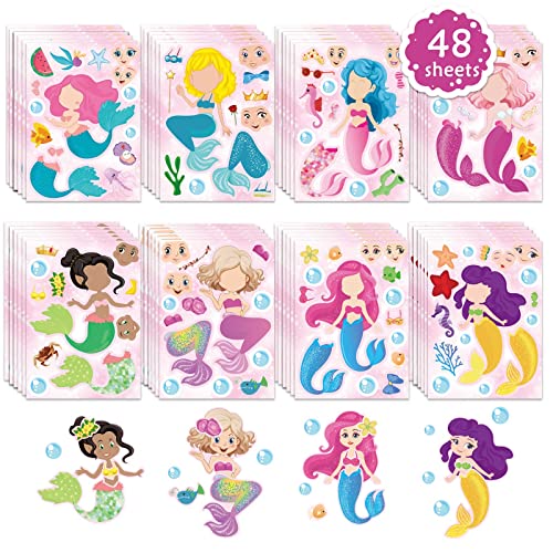 48 hojas de calcomanías para hacer una sirena, recuerdos de fiesta de sirena, para hacer tus propias calcomanías de sirena, con temática de sirena, para regalos de fiesta de niños, recompensas, manualidades de arte con 8 diseños (sirena)