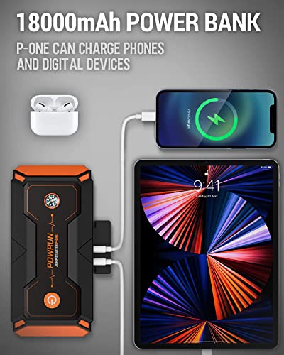 Powrun P-ONE - Arrancador de salto portátil de 2000 A, paquete de refuerzo de batería para motores de gas de hasta 8.0 L y diésel de 6.5 L, arranque de batería de 12 V con visualización LCD
