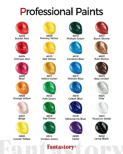 Fantastory Juego de pintura acrílica, 24 colores clásicos (2 onzas/60 ml), pintura profesional para manualidades, kit de suministros de arte para adultos y niños, lona, tela, roca, vidrio, piedra, cerámica, modelo, pintura de madera con 3 pinceles