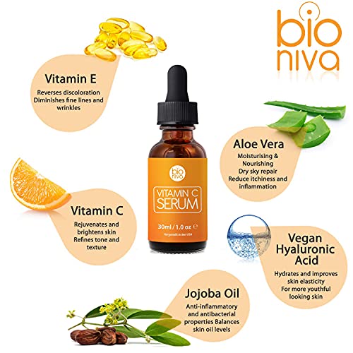 Bioniva 20% Vitamin C Serum for Face Vitamin E, Hyaluronic Acid. Vegan, Organic Anti Wrinkle & Anti Aging Serum. Reduce Wrinkles & Fine Lines & Stimulate Collagen. Dermaroller Microneedling 1oz