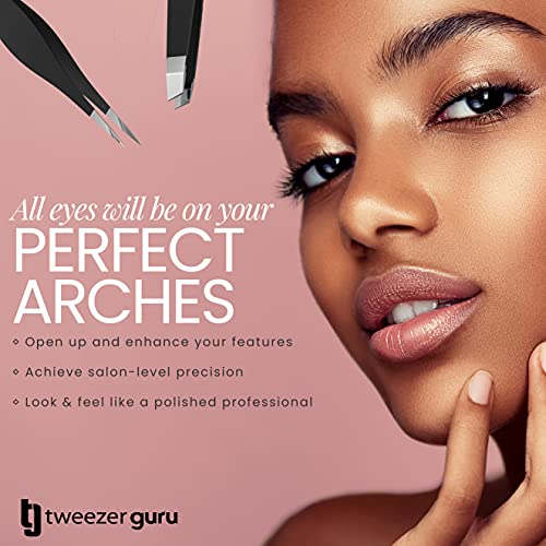 Tweezers Set - TweezerGuru Stainless Steel Slant Tip and Pointed Eyebrow Tweezer Set - Great Precision for Facial Hair, Ingrown Hair, Splinter, Blackhead and Tick Remover (Black)