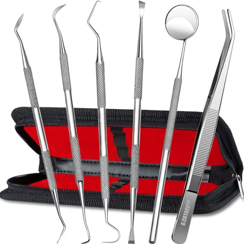 Herramientas dentales, 6 unidades de herramientas de limpieza de dientes de acero inoxidable, removedor de sarro raspador de placa raspador de dientes con espejo de boca, kit de pinzas para dentista, cuidado bucal familiar, perros