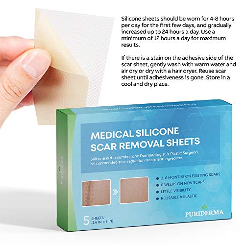 Puriderma Medical - Hojas de silicona para eliminar cicatrices (5 unidades) – Rápido y eficaz en queloides, cirugía, quemaduras, acné, cicatrices de sección C