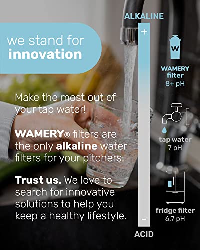 Wamery Filtro de agua de repuesto, paquete de 3 Compatible con jarra. Sistema de cartucho ionizador y purificador. Certificado NSF ANSI. Reduce el cloruro, metales duros del llave de la cocina.