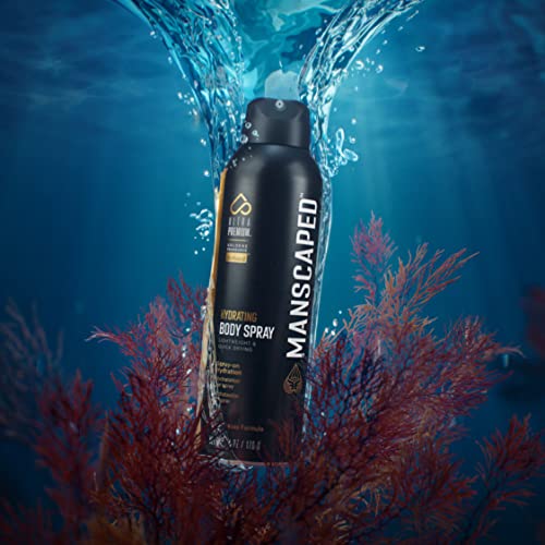 PrettywillMANSCAPED® UltraPremium Hydrating Body Spray, Non-Greasy Quick Drying Spray-On Moisturizer Formula with Red Algae and Hyaluronic Acid for Skin Hydration (6 oz Aluminum Bottle)