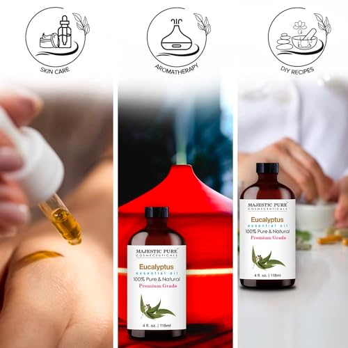 Majestic Pure Aceite esencial de eucalipto, puro y natural con grado terapéutico, aceite de eucalipto de calidad prémium