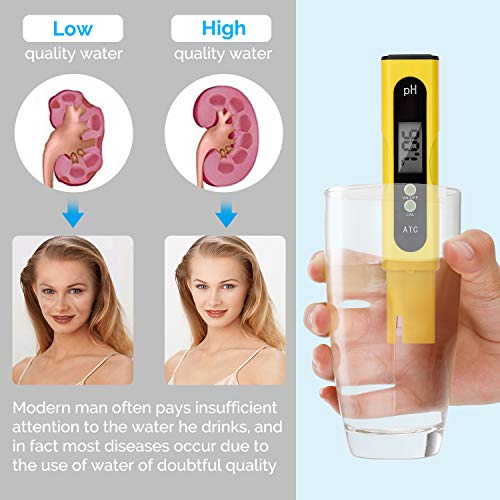Medidor digital de pH – 0,01 PH de alta precisión de calidad del agua PH 0,0-14,0 PH Monitor ATC Pocket Pen Analyzer Pool Water Aquarium Pocket Pocket Portable (amarillo)