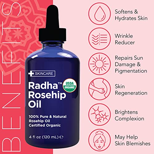 Radha Beauty USDA Certified Organic Rosehip Oil, 100% Pure Cold Pressed - Great Carrier Oil for Moisturizing Face, Hair, Skin, & Nails - 4 fl oz