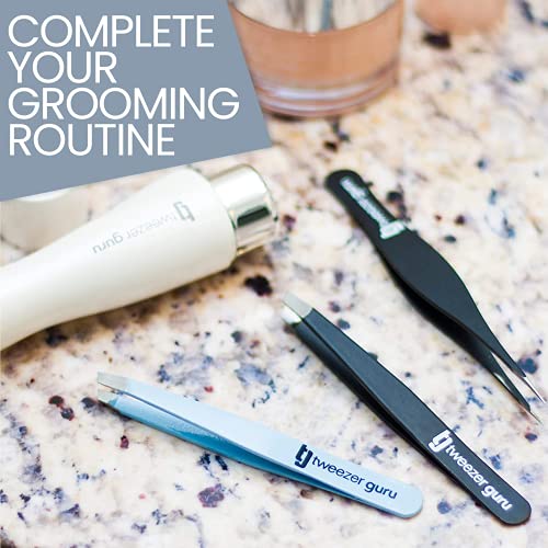 Tweezers Set - TweezerGuru Stainless Steel Slant Tip and Pointed Eyebrow Tweezer Set - Great Precision for Facial Hair, Ingrown Hair, Splinter, Blackhead and Tick Remover (Black)