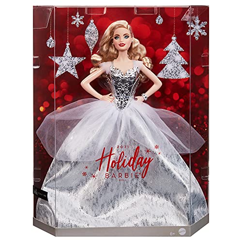 Barbie Muñeca Festiva Signature 2021 (12 Pulgadas, Cabello Rubio Ondulado) en Vestido Plateado, con Soporte para muñeca y Certificado de autenticidad, Regalo para niños de 6 años en adelante