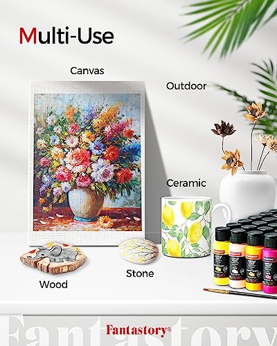 Fantastory Juego de pintura acrílica, 24 colores clásicos (2 onzas/60 ml), pintura profesional para manualidades, kit de suministros de arte para adultos y niños, lona, tela, roca, vidrio, piedra, cerámica, modelo, pintura de madera con 3 pinceles