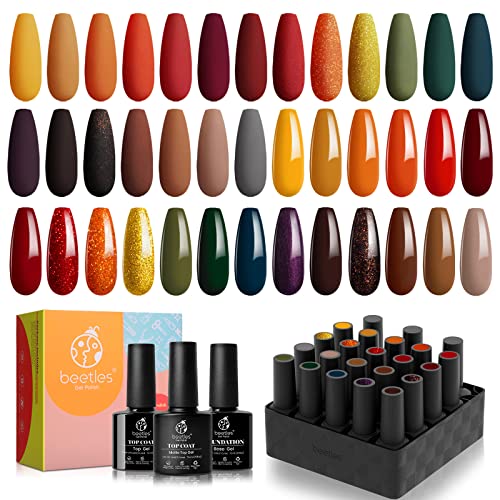 Beetles 20 Pcs Gel Nail Polish Kit-Cozy Campfire Fall Winter Orange Yellow Green Gel Nail Polish Set Colors Collection Soak Off LED Nail Lamp Base Top Coat Gel Nail Kit Christmas Thanksgiving Gifts