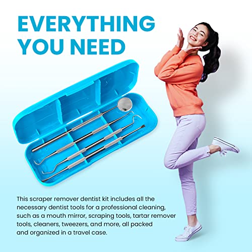 Dental Hygiene Kit - Calculus & Plaque Remover Set - Stainless Steel Tarter Scraper, Tooth Pick, Dental Scaler And Mouth Mirror.Dentist Home Use Tools (Teal)