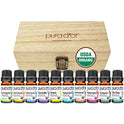 PURA D’OR Perfect 10 Essential Oil Wood Box Set 10mL USDA Organic & Pure (Tea Tree-Lemon-Lavender-Sweet Orange-Rosemary-Lemongrass-Frankincense-Peppermint-Eucalyptus-Cedarwood)