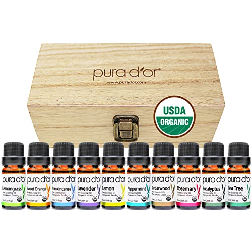 PURA D’OR Perfect 10 Essential Oil Wood Box Set 10mL USDA Organic & Pure (Tea Tree-Lemon-Lavender-Sweet Orange-Rosemary-Lemongrass-Frankincense-Peppermint-Eucalyptus-Cedarwood)