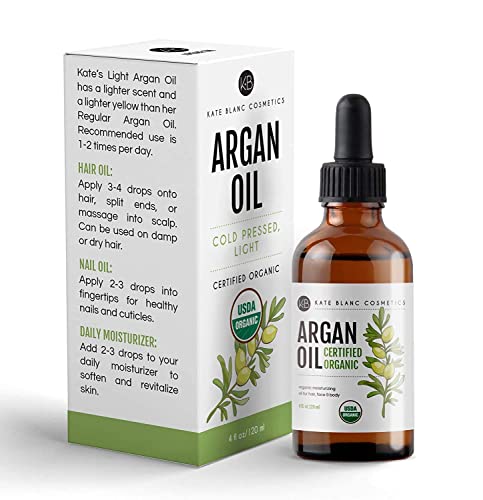 Aceite de argán marroquí, certificado USDA, orgánico, virgen, 100% puro, prensado en frío por Kate Blanc. Estimula el crecimiento para cabello seco y dañado. Hidratante para la piel. Protector de uñas.