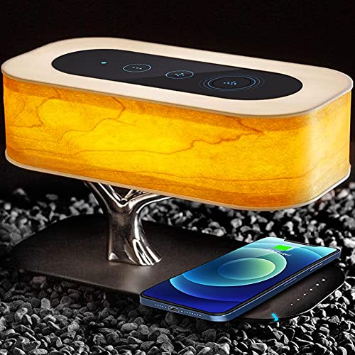 Lámpara de mesita de noche, lámpara de escritorio con altavoz Bluetooth, luz de escritorio con cargador inalámbrico con atenuación continua