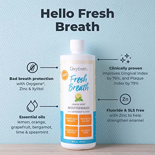 Oxyfresh Fresh Breath enjuague bucal de menta limón – galardonado con el envase bucal recomendado por el dentista, sin alcohol, sin flúor, con aloe y aceites esenciales naturales.