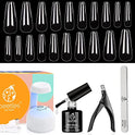 Beetles Coffin Nail Tips Nail Gel Kit, 2 In 1 Nail Gel Base Coat with Long False Nail and U V LED Nail Lamp for Acrylic Nail/Dip Powder Nails/Poly Nail Extension Gel Nail Art DIY Home