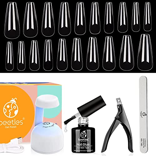 Beetles Coffin Nail Tips Nail Gel Kit, 2 In 1 Nail Gel Base Coat with Long False Nail and U V LED Nail Lamp for Acrylic Nail/Dip Powder Nails/Poly Nail Extension Gel Nail Art DIY Home